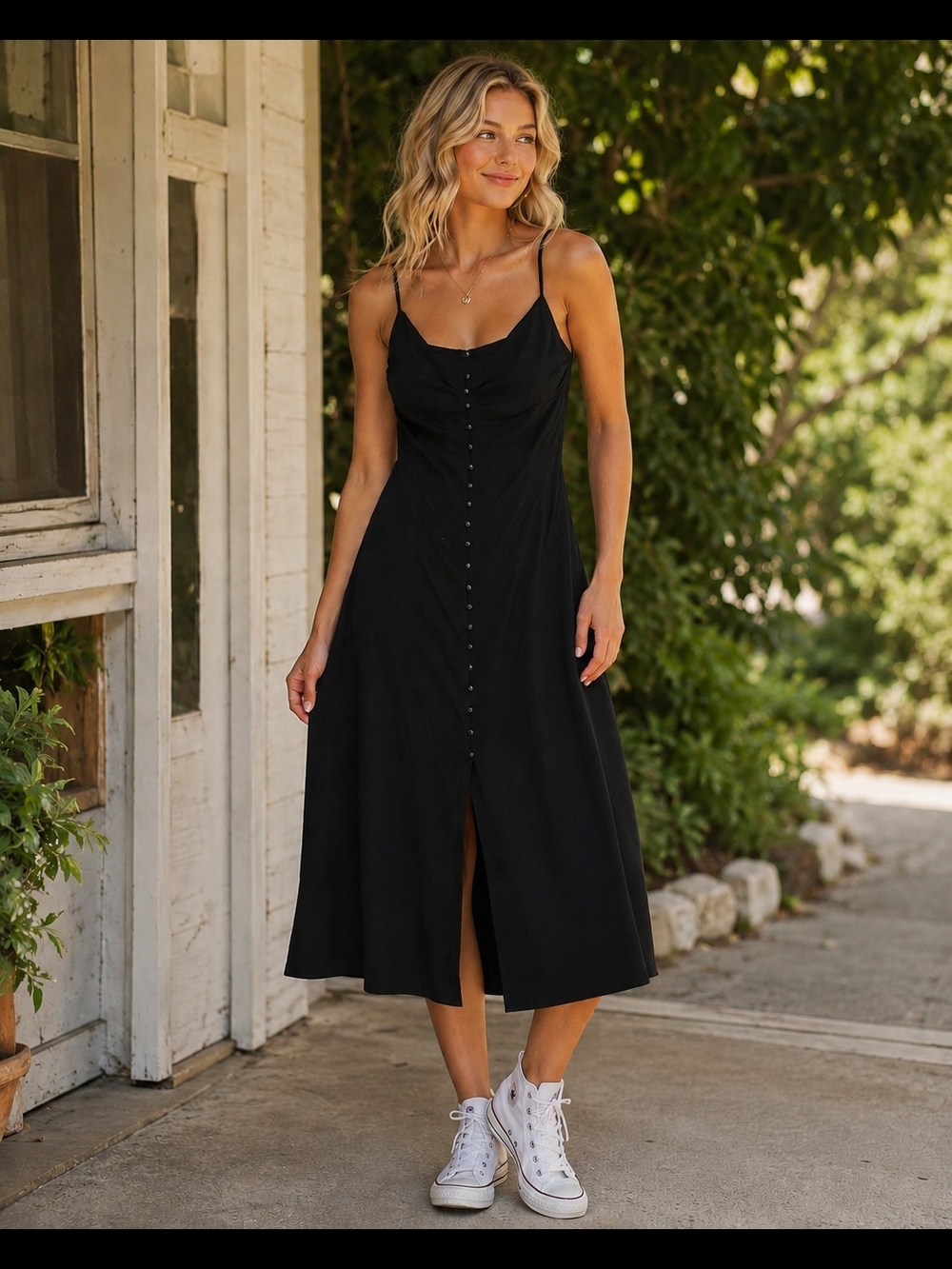Forever 21 Black Button-Front Midi Slip Dress